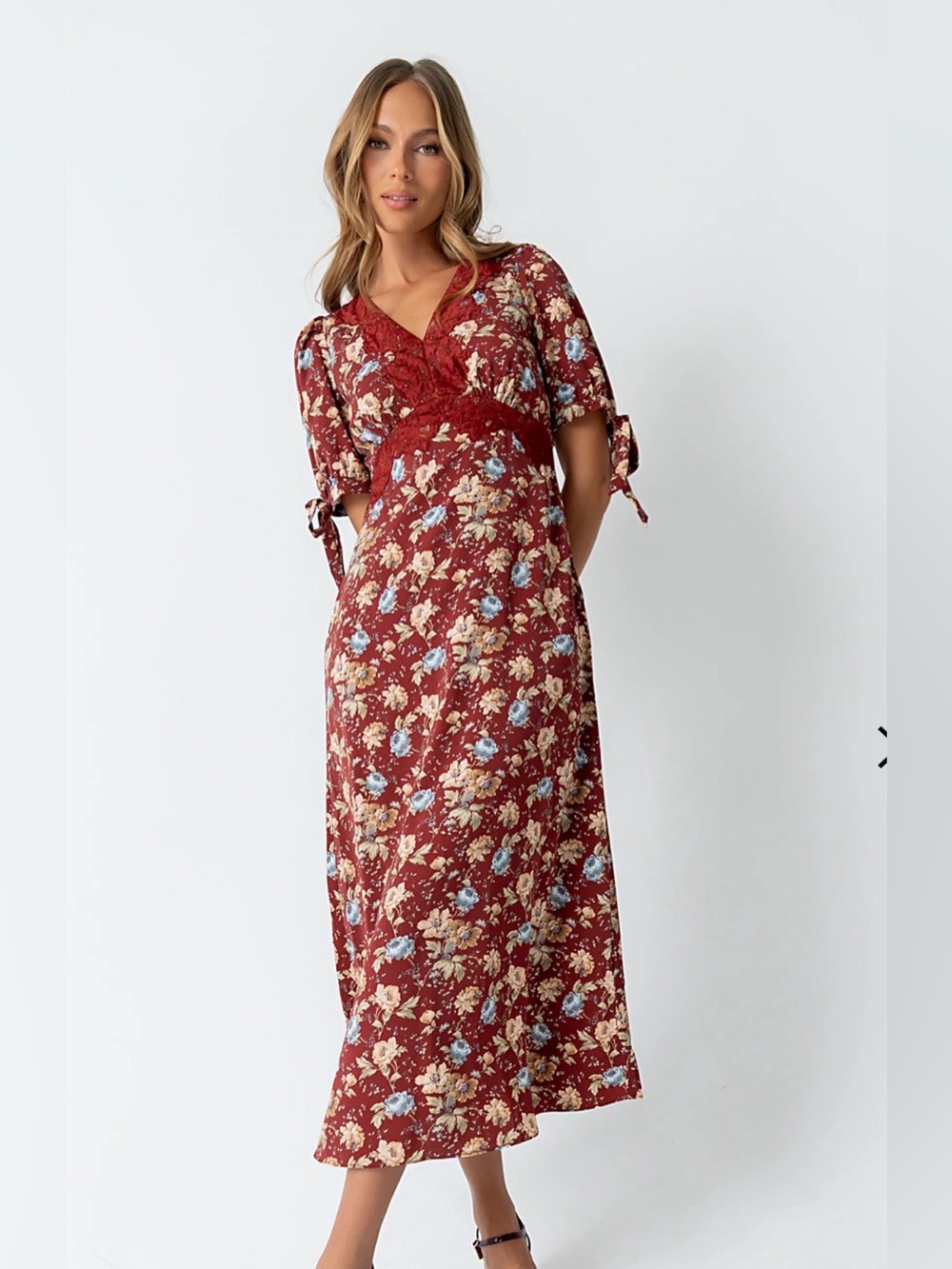 bohme Burgundy Floral Maxi Dress with Lace Bodice